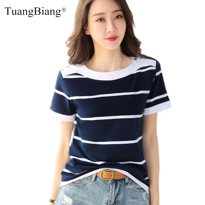 Lady 2023 Summer Blue White Striped Short Sleeve Cotton T-Shirt Women Button O-Neck Elegant Plus Size Tshirt Female Fashion Tops