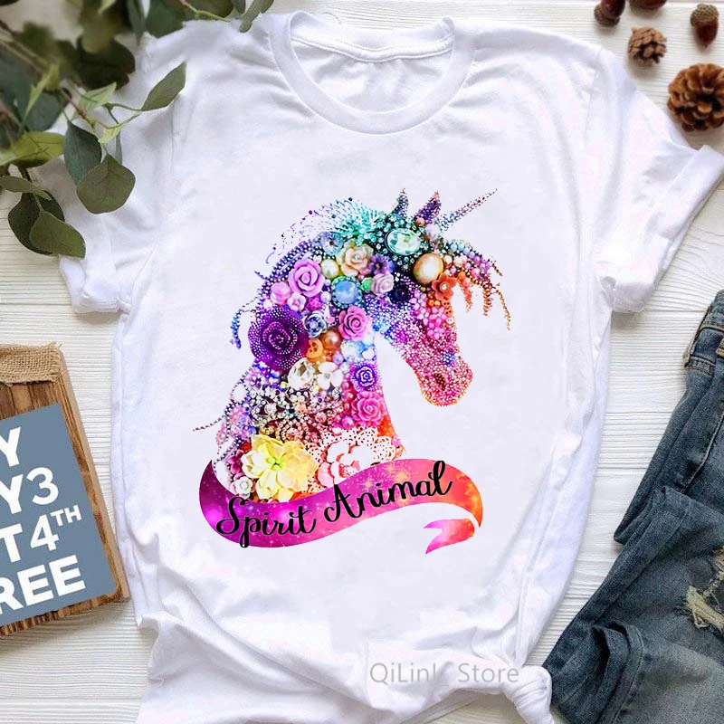 

Watercolor Unicorn Spirit Animal Print Women's T Shirts Summer 2024 Newest Lady Top Female White Short Sleeve Casual T-Shirt Tee