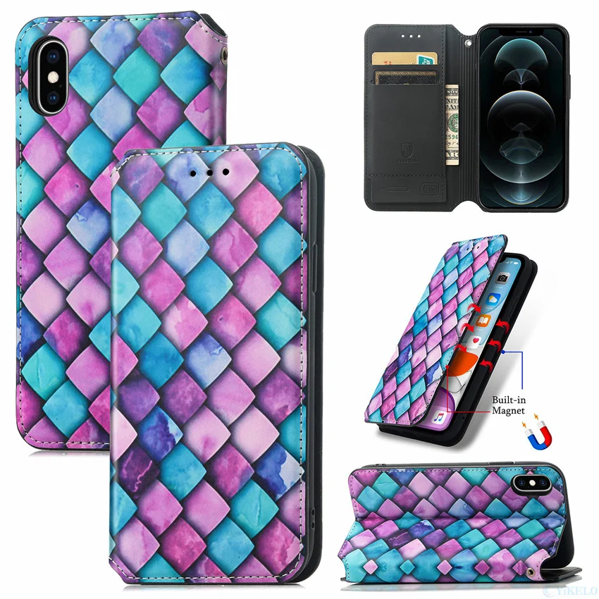 Color Block Phone Case For iPhone 13 12 11 Pro X XS XR Max  6 7 8 SE 2 6S Plus Mini Cover Wallet Card Slot Flip Magnetic Leather