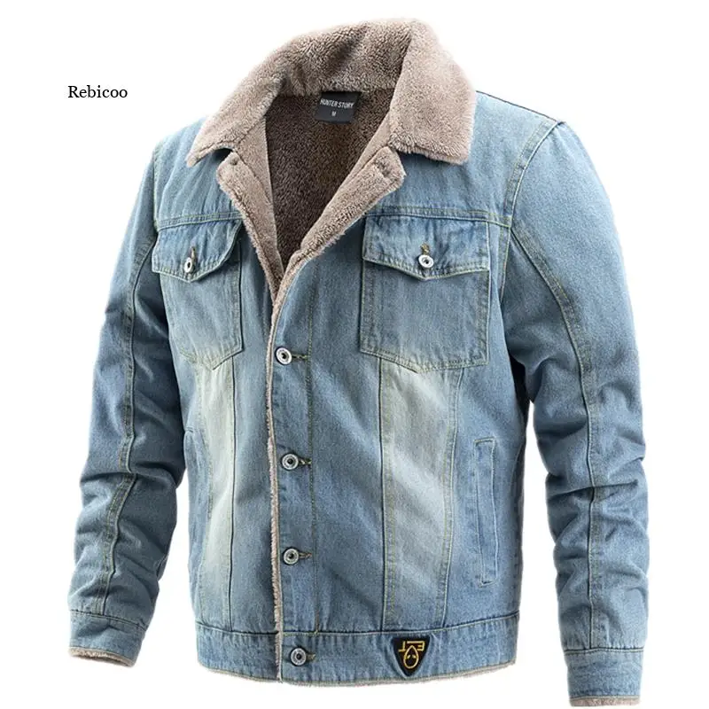 

Men Denim Jacket Plus Velvet Thick Casual Lapel Cotton Jeans Jacket Men Fur Collar Warm Winter Mens Jackets and Coats New