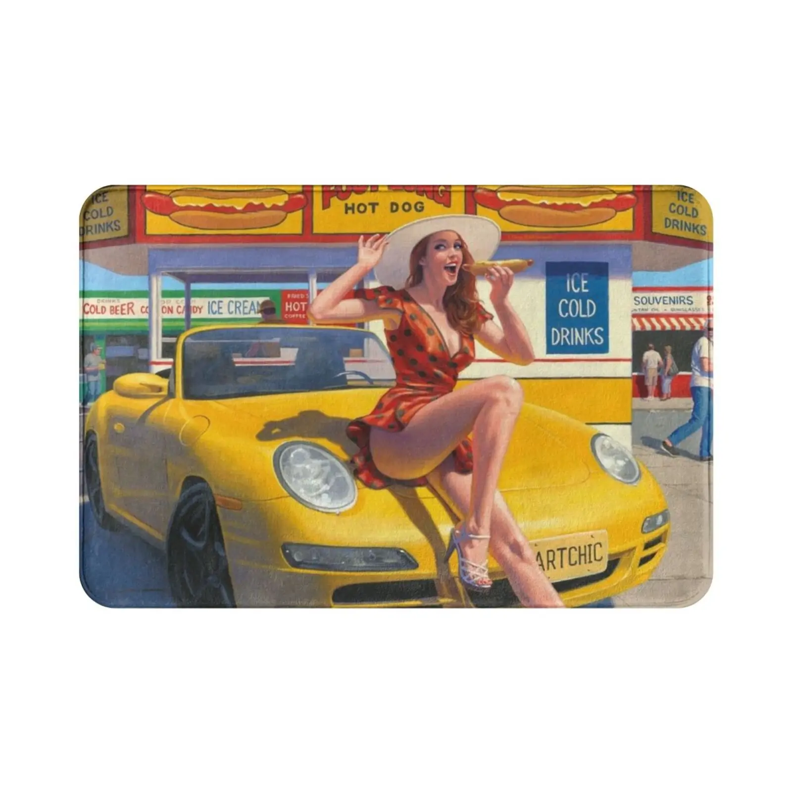 Coney Island Footlong Alfombra Alfombra Cojín Suave Pinup Niñas Sexy Mujer Amarillo Coney Island Nueva York Greg