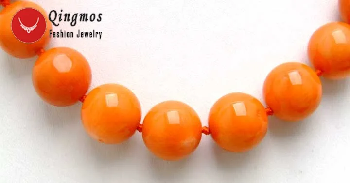 Qingmos Fashion 14-15mm Round Natural Orange Coral Necklace for Woman with Genuine Coral Stone Jewelry 18