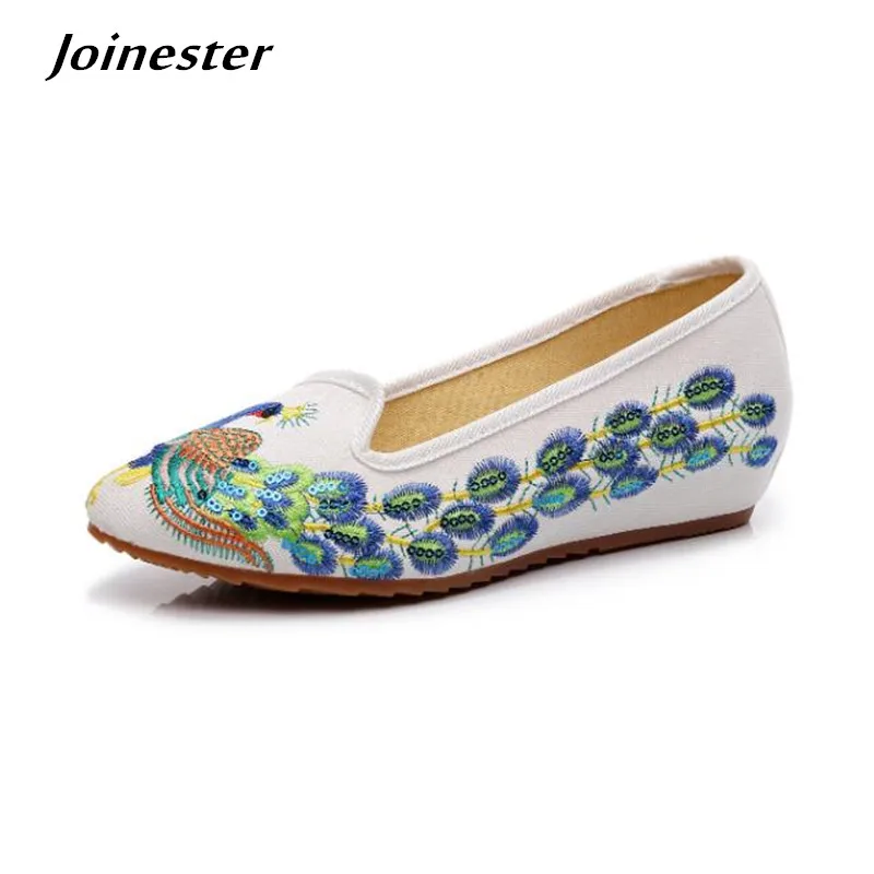 Ladies Ethnic Embroidery Sequins Pumps Pointed Toe Slip-On Wedges Women Dress Dancing Shoes Autumn Canvas Vintage Loafers