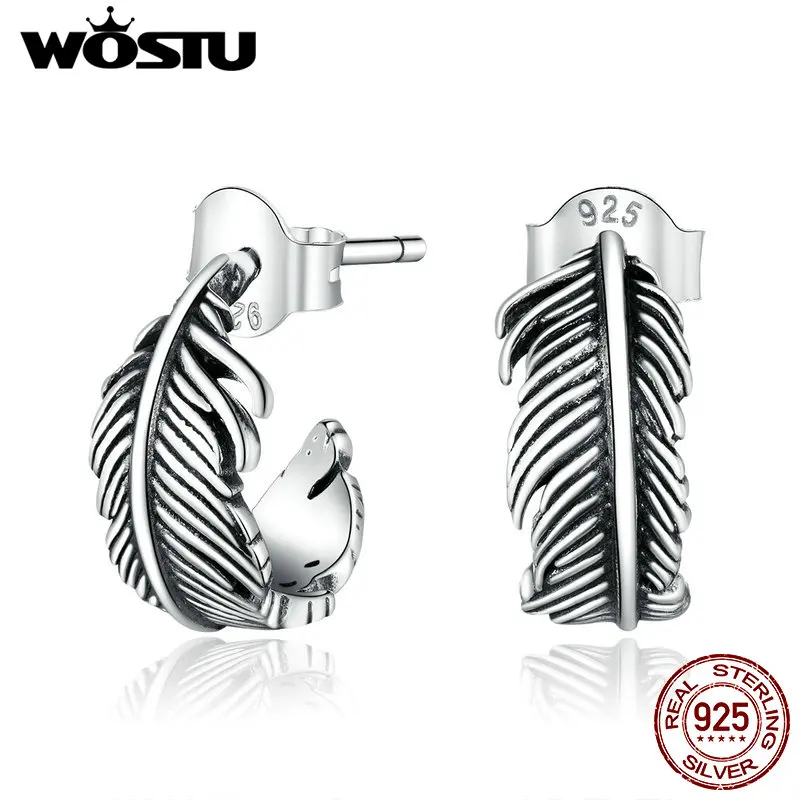 WOSTU-pendientes de tuerca de pluma Retro para mujer, de Plata de Ley 925 auténtica, joyería clásica de boda, CQE923