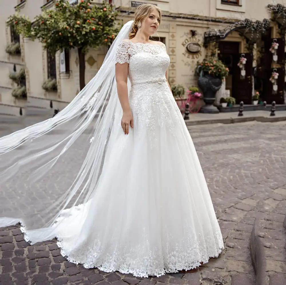 Vestido de novia de talla grande para mujeres embarazadas, vestido de novia hecho a medida, cuello Barco, manga corta, hombros descubiertos, apliques de encaje