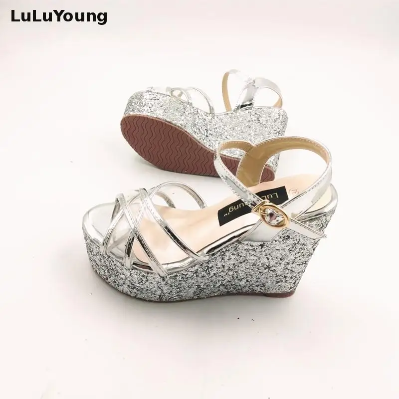 30-43 High Heeled Wedge Sandals Women Platform Sexy Sequins Shoes Open Toe Sandals