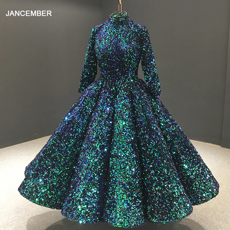 J66991 jancember luxury elegangt green high neck evening gown long sleeve sequined formal dress evening vestidos de finalistas