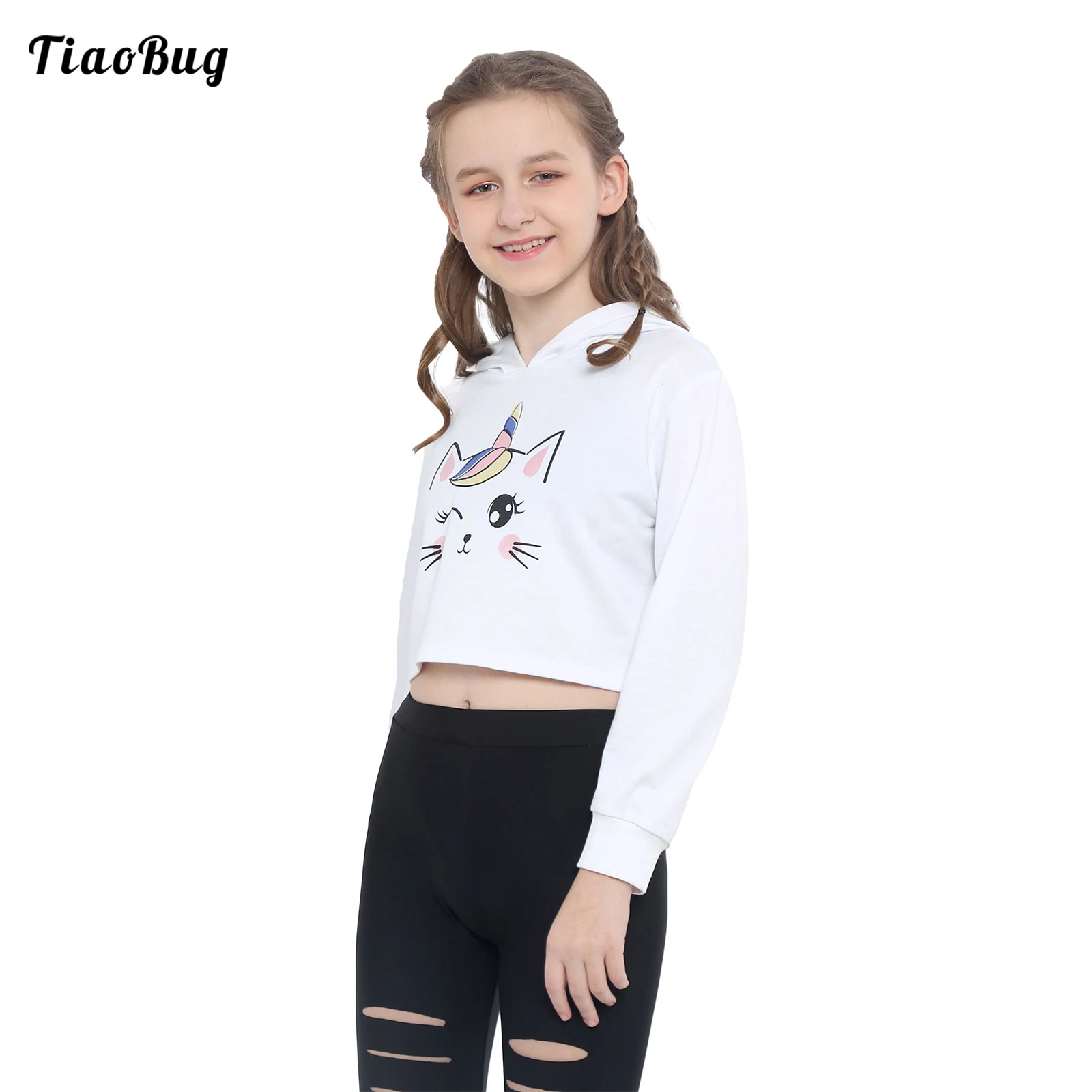 Fashion Spring Autumn Kids Girls Long Sleeves Hooded Sweatshirts Cartoon Pattern Printed Crop Top