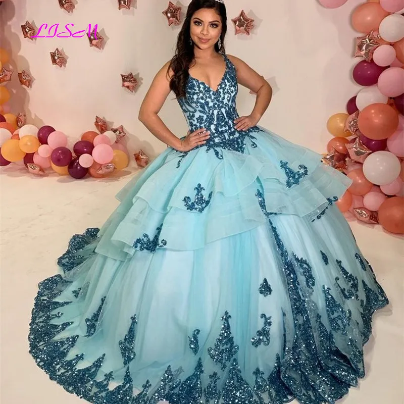 V-neck quinceanera vestido em camadas babados applique lantejoulas frisado princesa festa de formatura vestido doce 15 vestido de baile concurso sem mangas