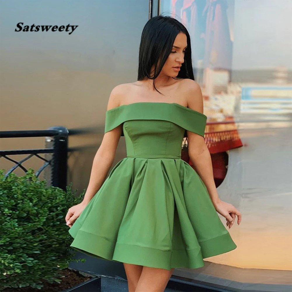 

A Line Short Homecoming Dress Off Shoulder Mini Cocktail Dress Party Dress Satin Prom Graduation Gown vestidos de noche