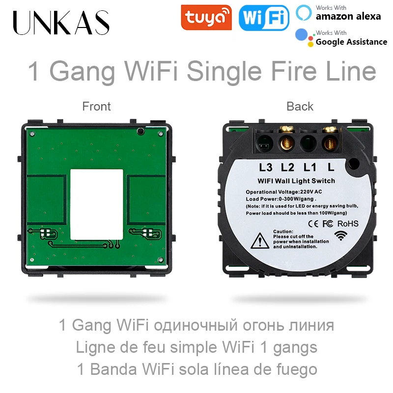 Moduli UNKAS combinazione gratuita fai-da-te 2 3 4 5 6 7 8 Gang EU Wifi Touch On / Off Smart Switch vetro nero 157mm presa pannello