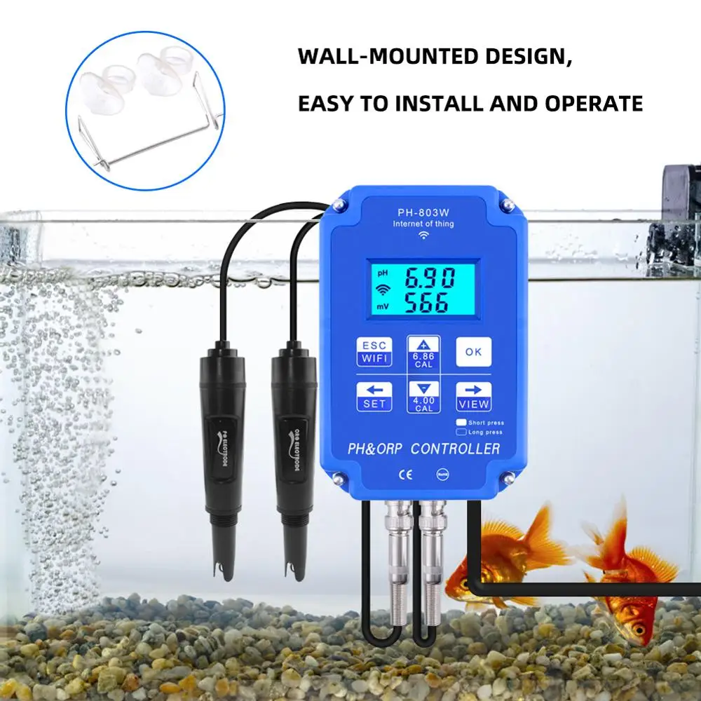 PH-803W Wifi Monitoring Digital PH&ORP Controller BNC Probe Water Quality Tester for Hydroponics, Swimming Pool, Aquarium