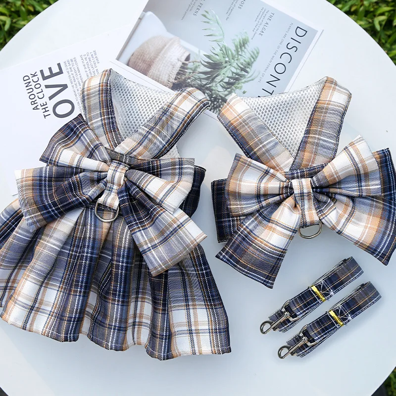 Gitter Hund Kleid Harness Und Leine Set Schöne Pet Hund Kleidung Für Kleine Hunde Chihuahua Rock Französisch Bulldog Welpen Kleid kragen – Detail 14