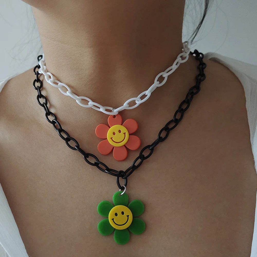 ZX New Large Sunflower Face Pendants Necklace for Women Handmade Acrylic Chain Chokers Necklace Girls Fashion Jewelry Wholesale