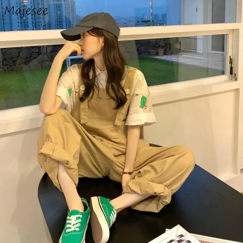 Khaki Jumpsuits Women Summer Fashion Wide Leg All-match Sweet College Loose Pure Color Cute Elegance Breathable Retro Clothing