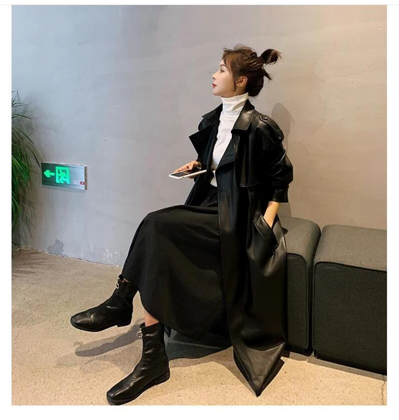 Nerazzurri Spring Black Oversized Long Waterproof Leather Trench Coat for Women 2021 Long Sleeve Loose Korean Fashion Clothing