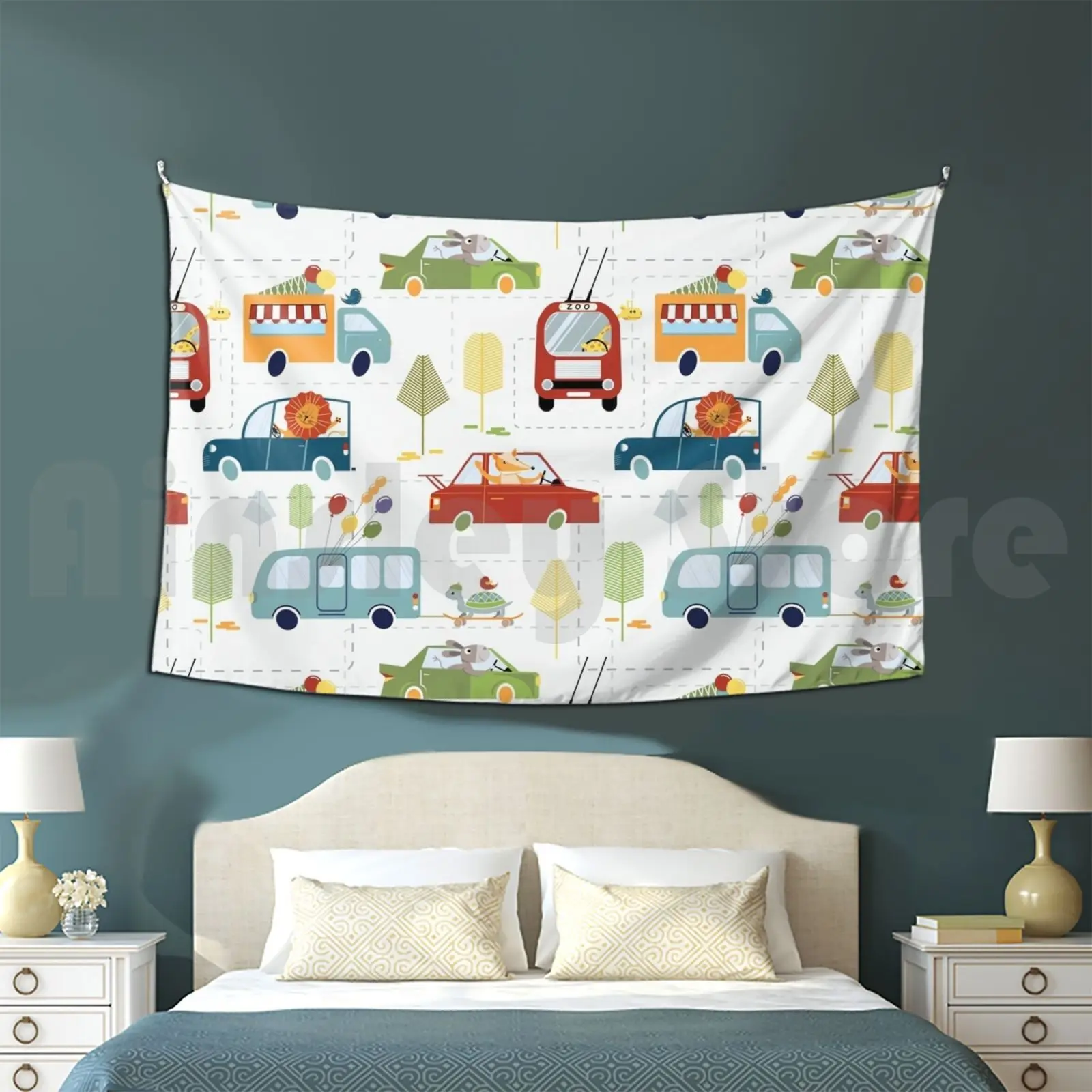 Happy Escape From The Zoo Pattern Tapestry Living Room Bedroom Trolleybus Bus Car Vehicle Animals Lion Donkey