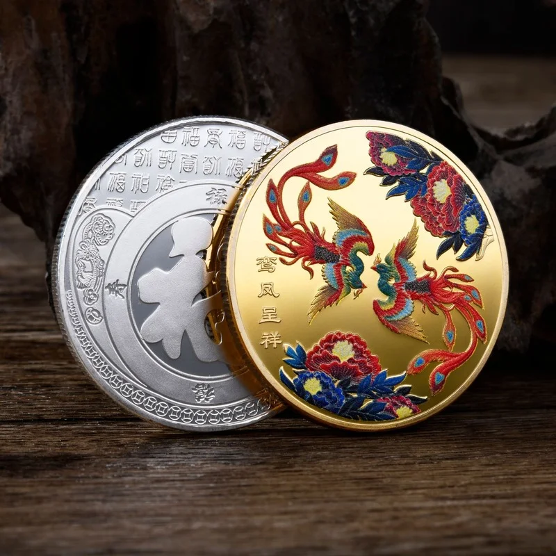 Two Phoenixes Bring Auspicious Good Luck To You 45mm Color Inkjet Metal Commemorative Coin Souvenirs Gifts Crafts