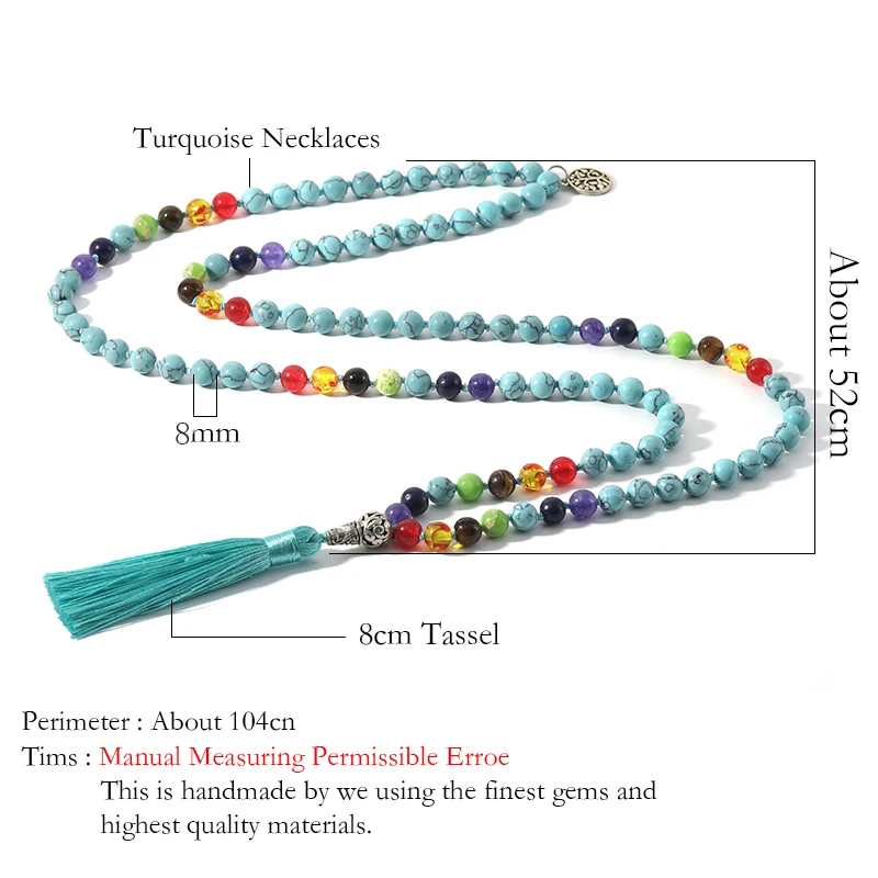 108 Japa Mala 7 Chakra Natural Stone Beaded Knotted Necklace Yoga Blessing Meditation Jewelry with Tree of Life Tassel Pendant