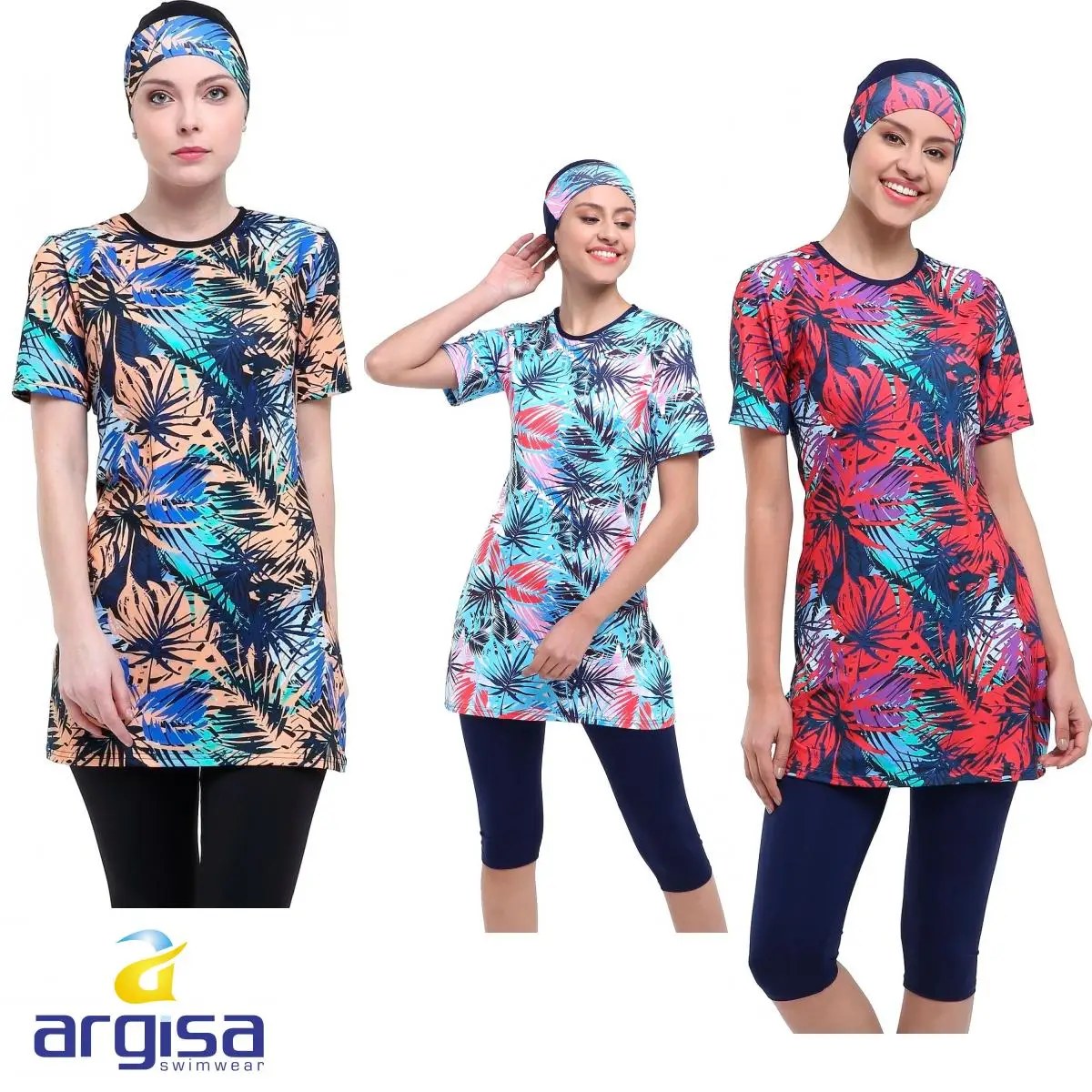 Argisa 7527 Half Sleeve Patterned Semi Burkini Muslim Swimwear 36-44 Hijab Islamic Swimsuit Fashion Turkey Women Half Cover Swim