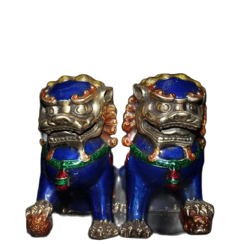 Chinese Old Beijing Old Goods Collection Old Copper Tire  Cloisonne Festoon Pair Of Lions