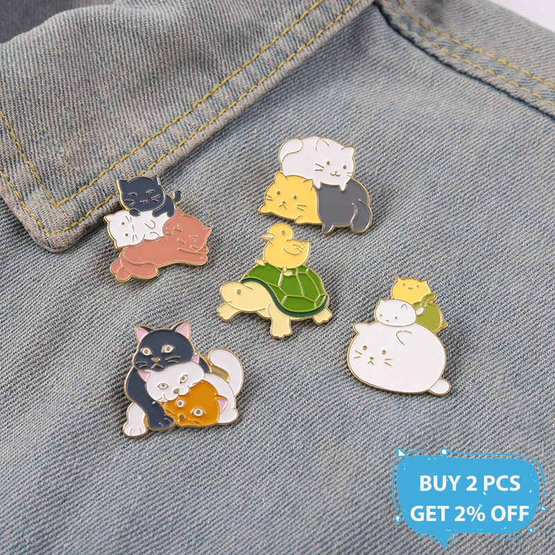 Cute Animal Enamel Pins Cats Chicken Turtle Fold Together Custom Contracted Brooches Accessories Backpack Gift for Animal Lover