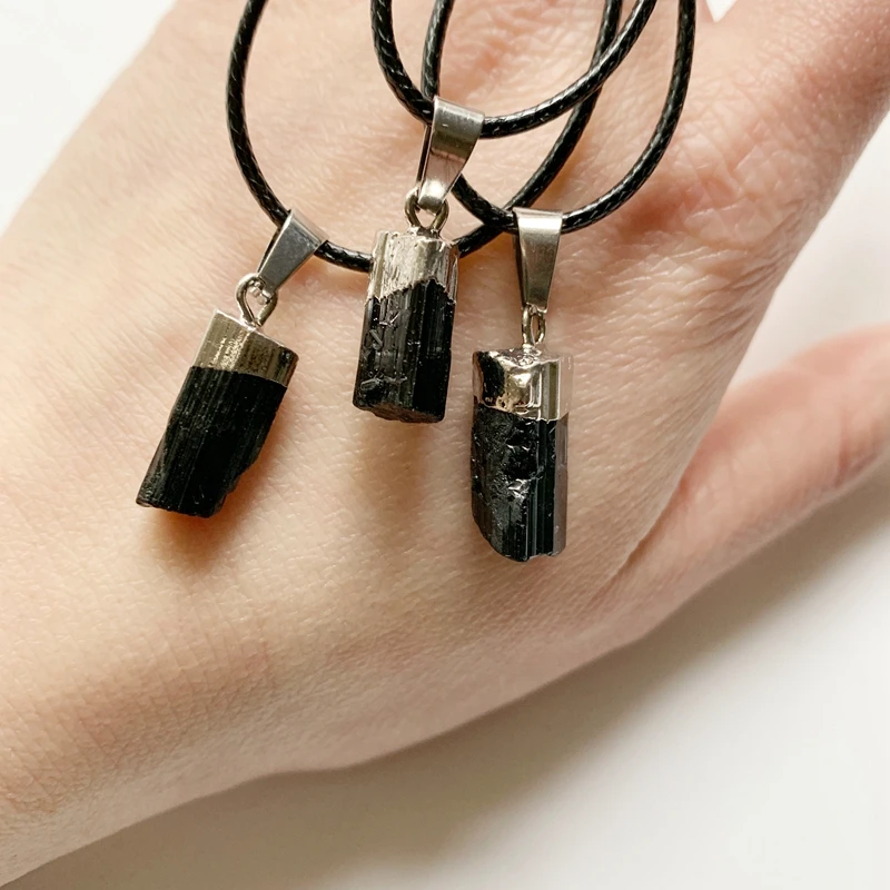 Natural Black Tourmaline Stone Pendant Radiation Protection Stone Necklace Rough Crystal Raw Jewelry Dropship 1pc image 5