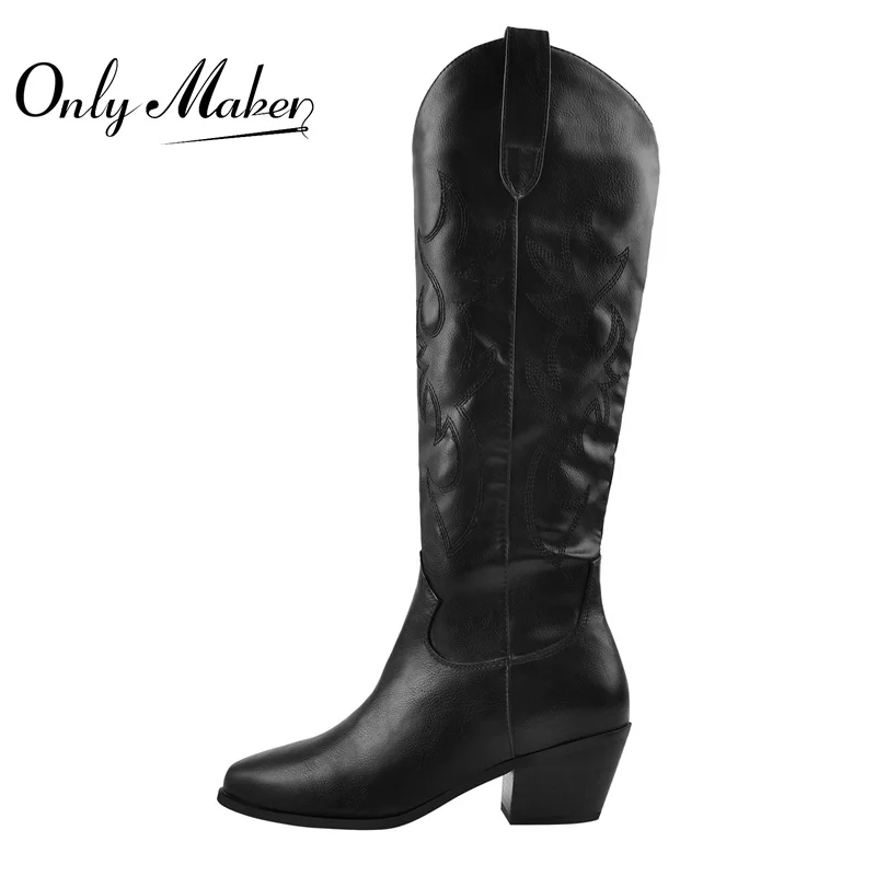 Onlymaker kobiety Pointed Toe buty do kolan szycie matowy czarny biały Totem Chunky niskie obcasy duże buty rozmiar