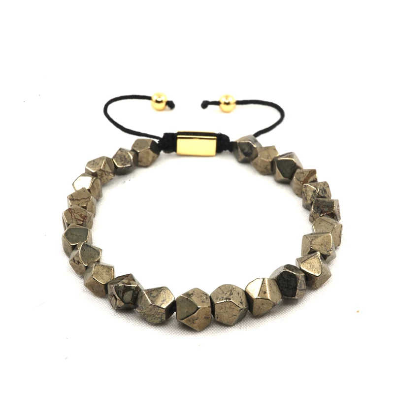 

POHIER Natur Stone Squared Collection - Faceted Iron Pyrite Bead Bracelet For Man Woman Jewelri For Gift