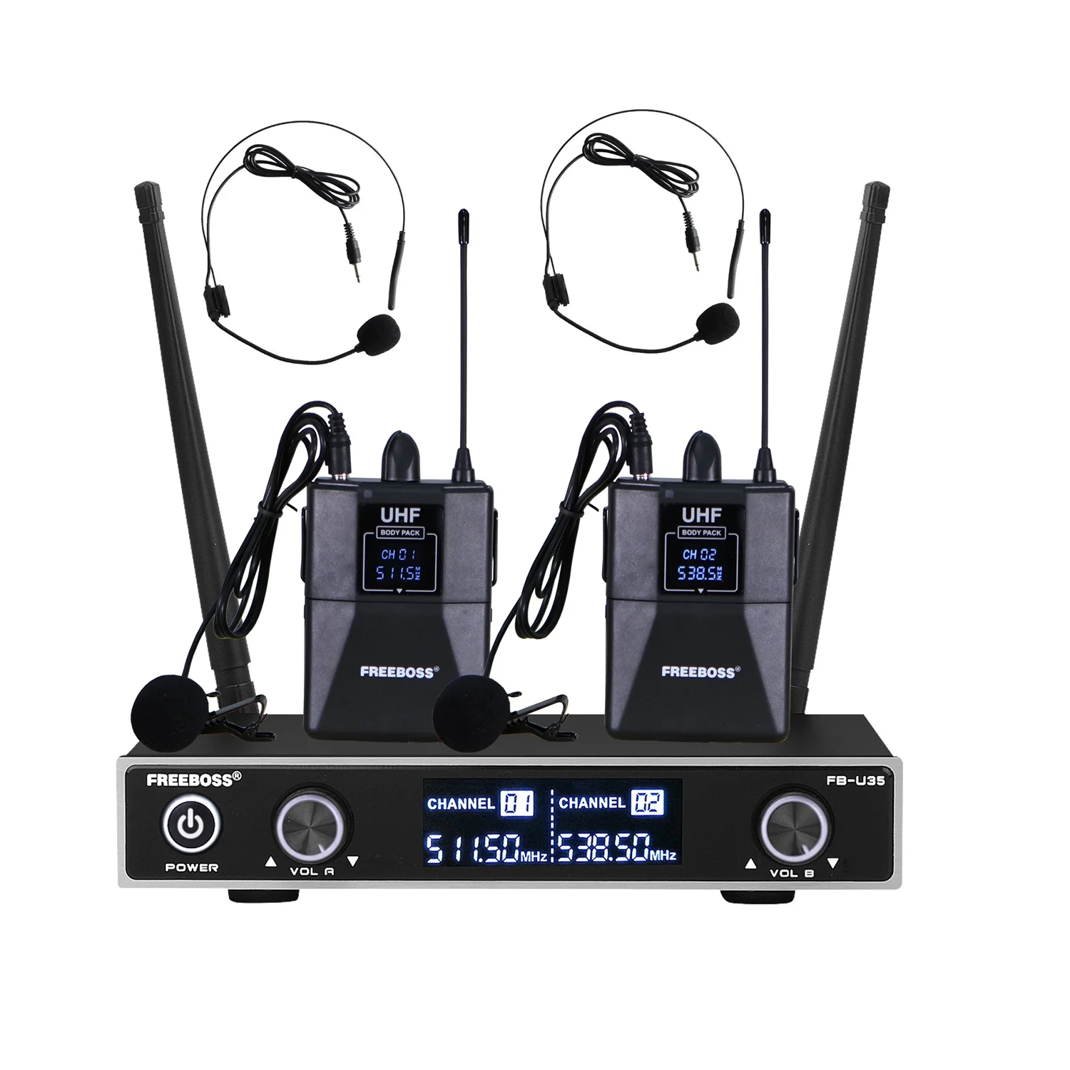 Freeboss FB-U35H2 Dual Way UHF Fixed Frequency Wireless Microphone System with 2pcs Bodypack + 2pcs lavalier&headset Speech Mic