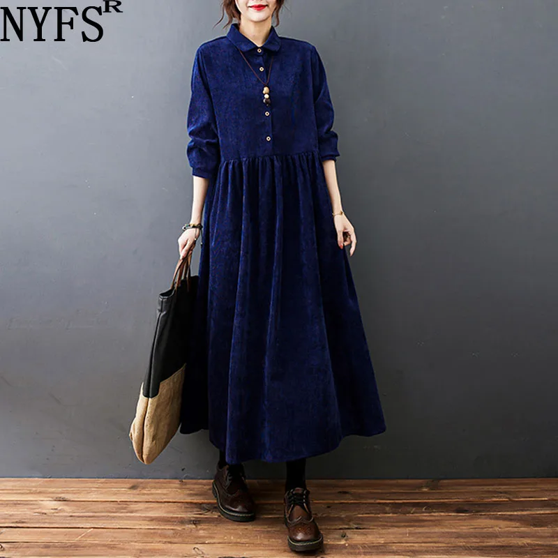 

NYFS 2022 Autumn Korea New Loose Woman Dress Vestido de mujer Robe Elbise Corduroy Turndown Long Sleeve Dresses