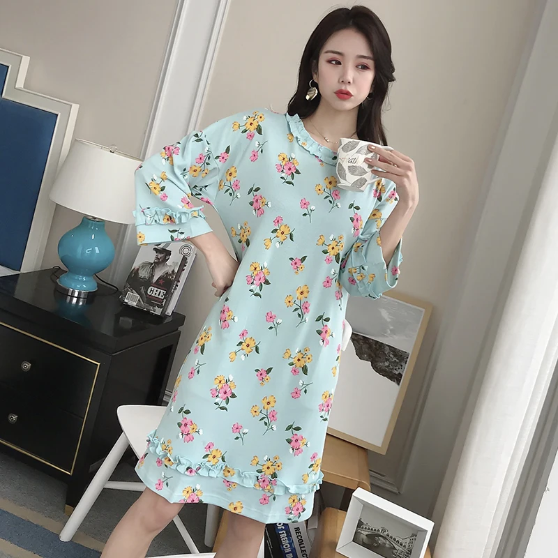 Sleepwear Nightgowns Pyjama Floral Print Spring Summer Cotton Night Dress Princess Style Loose Lounge Wear Fresh Color Female