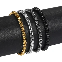 Basic Stainless Steel Bracelet for Women Men Box Link Chain Vintage Black Gold Color Solid Metal Fashion Wristband Gifts KBB12A