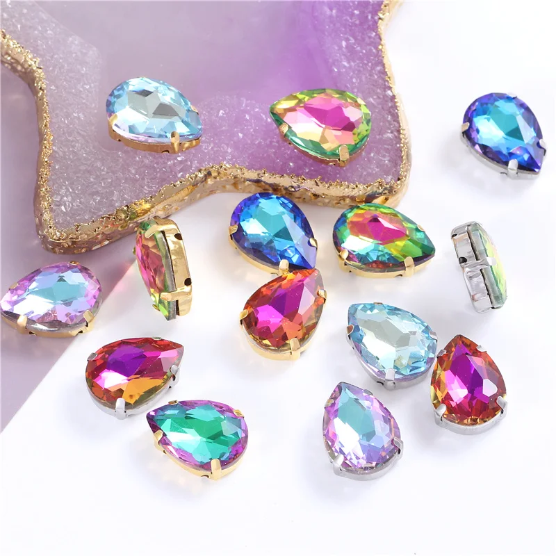 New Glitter Rhinestones Glass Sew On Stones With Silver Gold Claw 10x14mm Teardrop Crystals For Needlework Diy Shoes Clothes