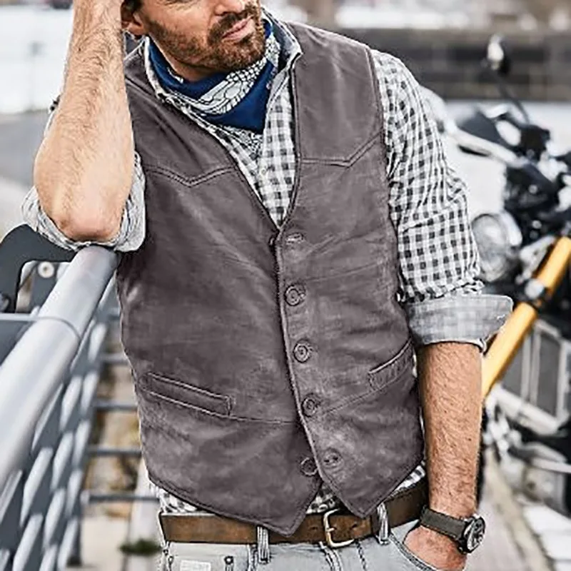 Men's Tooling Vest V Neck Grey Solid Color Single Breasted  Waistcoat Slim Fit For Casual Daily Wear Male Vest Clothing 2021