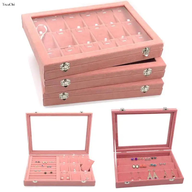 

Fashionable Velvet Jewelry Box Portable Suede Earring Gem Holder Storage with Glass Lid Accessory Display Organizer for Ladies