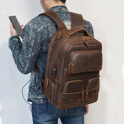 Luufan Genuine Leather Backpack for Men 15.6 Inch Laptop Backpack USB Charging Cowhide Male Travel Rucksack Outdoor Travel Bag