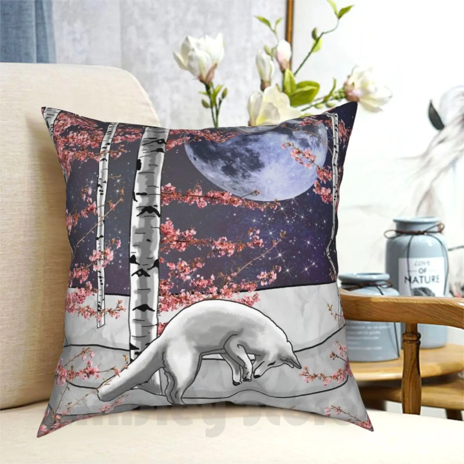 Jumping Fox Pillow Case Printed Home Soft Throw Pillow Winter Snow Fox Aspen Forest Nature Landscape Cherry Blossom