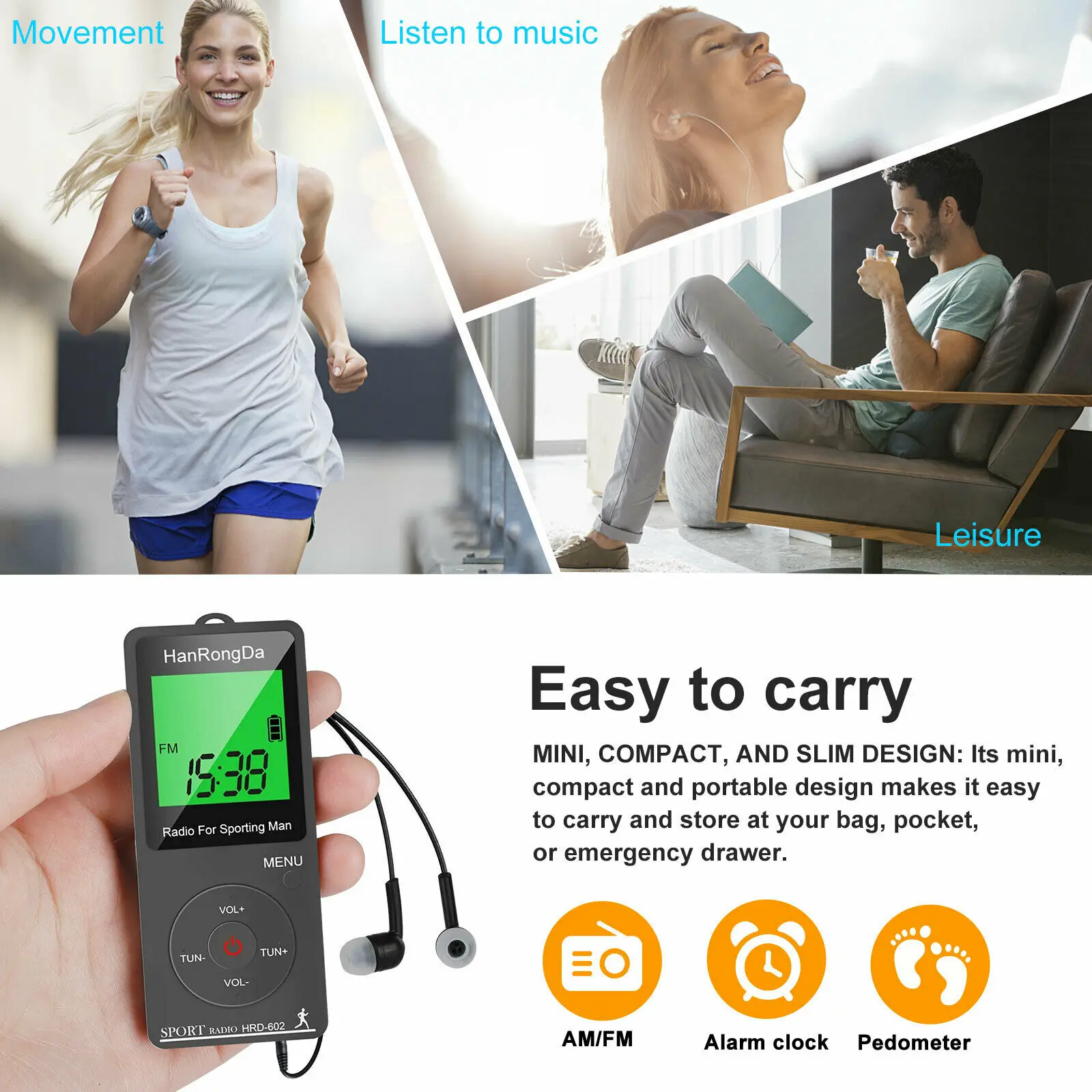 New Portable AM FM Mini Radio LED Display with Pedometer Headphones Digital Tuning Sports Radio for Running Walking Pocket Radio