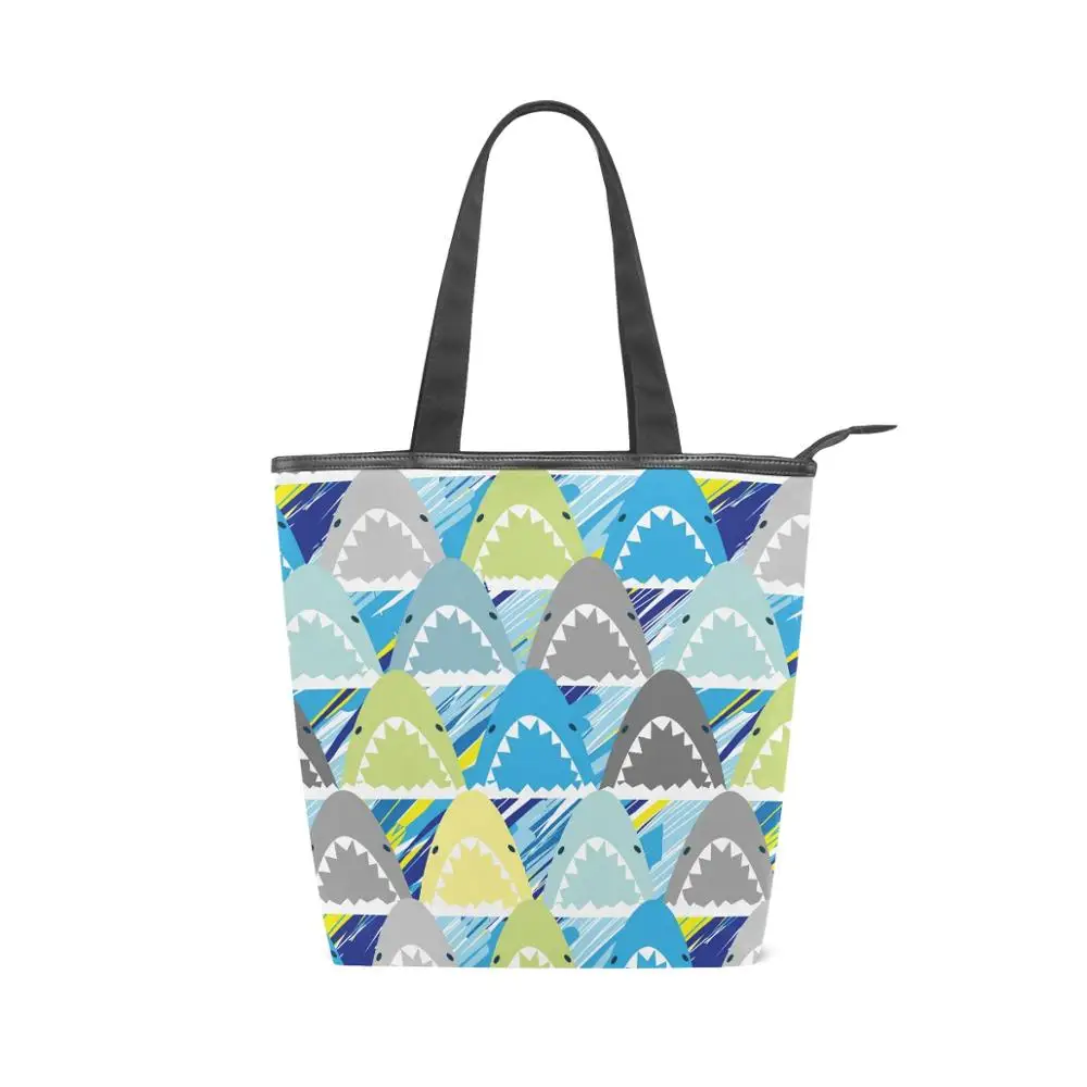 

Холщовые сумки на плечо для женщин, дамская сумочка для покупок с принтом акулы, повседневные тоуты, эко-мешки, регулируемый шоппер