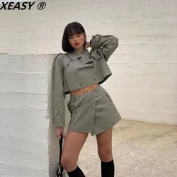 XEASY 2021 Women's Suits With Skirt Vintage Short Blazer Cropped Jacket High-Waisted Skirt Autumn Female Mini Suit 2 Piece Set