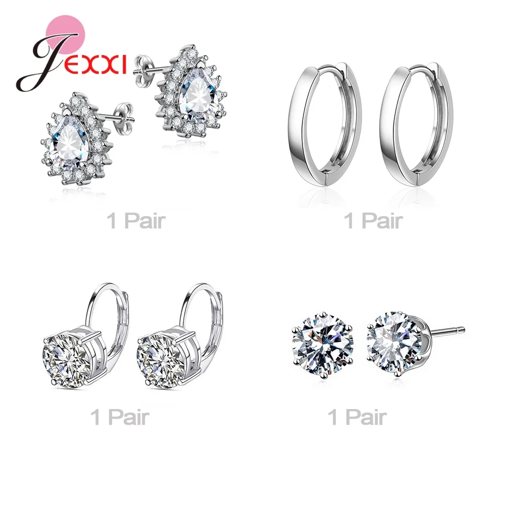 Genuine 925 Sterling Silver Needle Earrings For Women Multiple Style Hoop Earrings For Girls Fashion Jewelry Set 4 Pairs/Lot