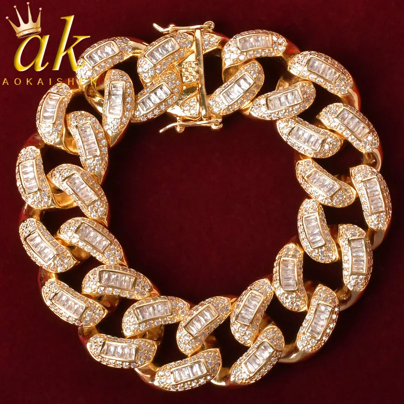 

Aokaishen Baguette Bracelet for Men Zircon Miami Cuban Link Iced Out Hip Hop Street Rock Jewelry 2022 Trend Free Shipping