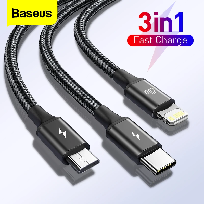 Baseus PD 20W USB Type C Cable for iPhone 12 Pro Max 3 in 1 USBC Fast Charging Charger Cable For Xiaomi Samsung Micro Data Cord