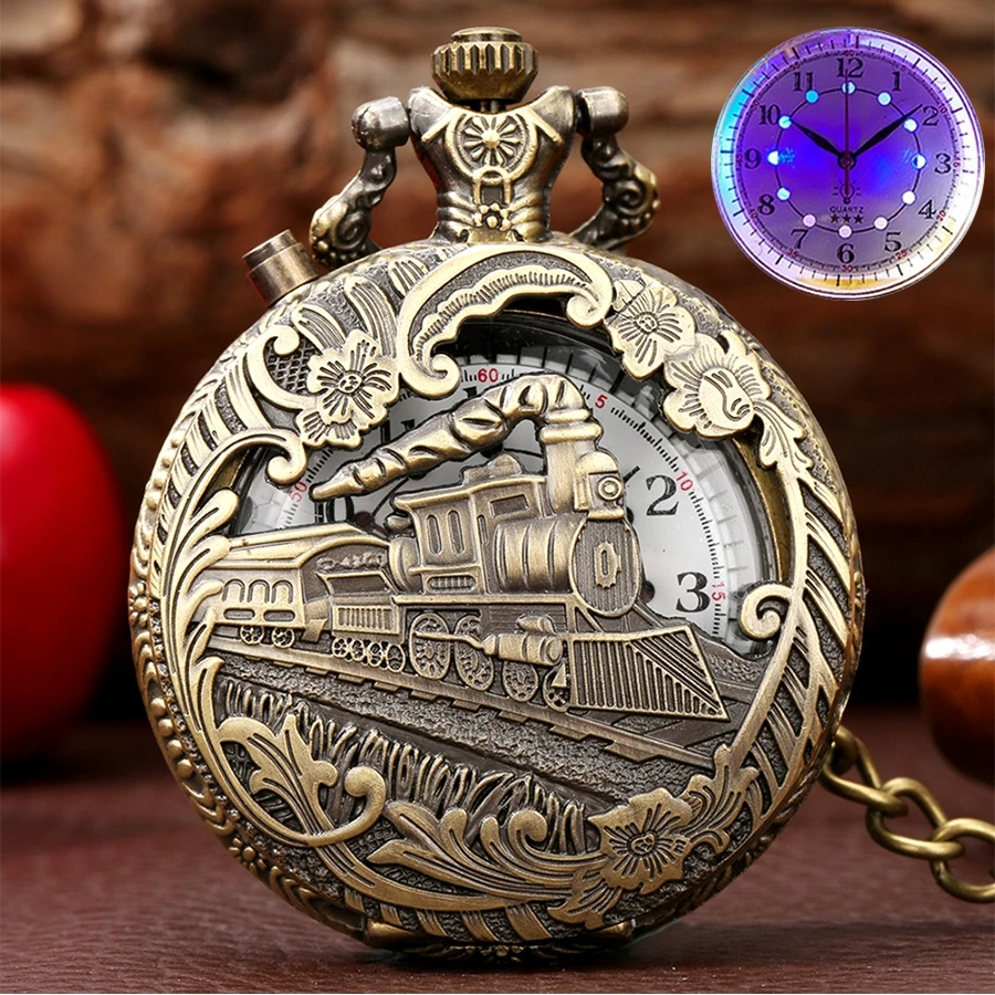 New Luminous LED Light Arabic Numerals Display Bronze Train Locomotive Engine Quartz Pocket Watch Retro Punk Pocket Chain  Clock