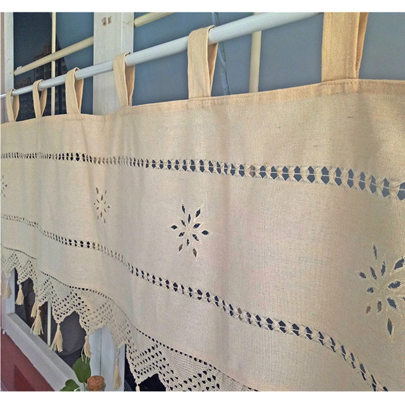 European Style Short Tab Top Curtains, Hollow Cotton Linen, Manual Crochet Curtains, Lace Tassel, 145x45cm, 1Pc