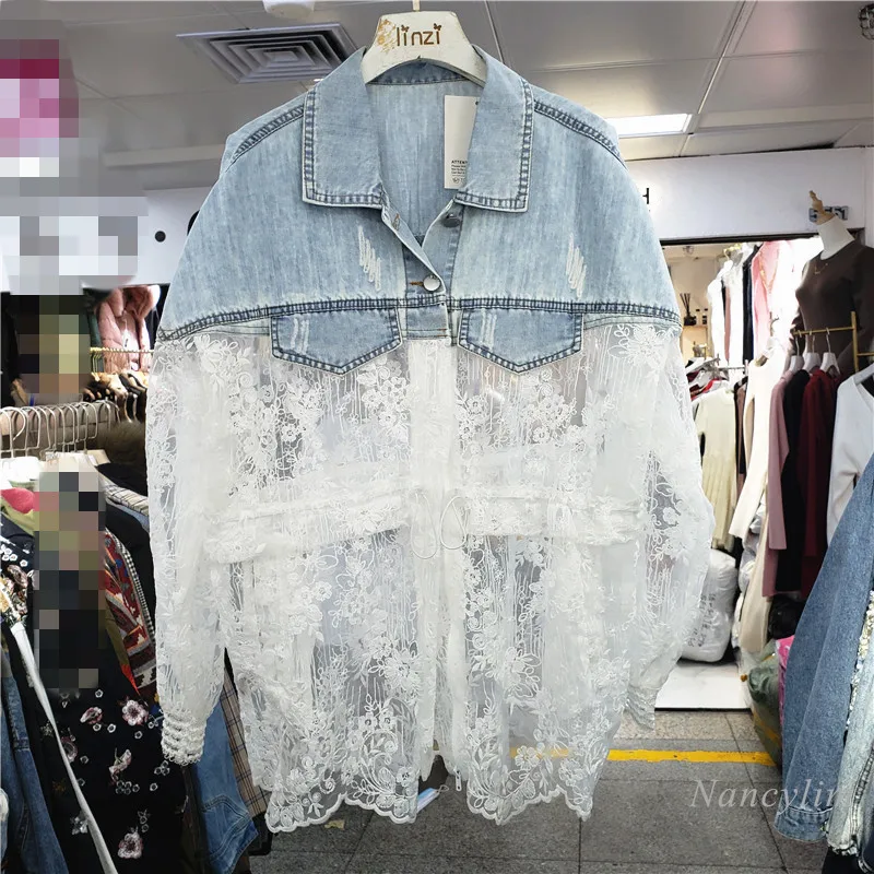 

Denim Splicing Coat Women's Spring Summer Street Thin Sun Protection Shirt Drawstring Waist Loose Ladies Jacket Nice