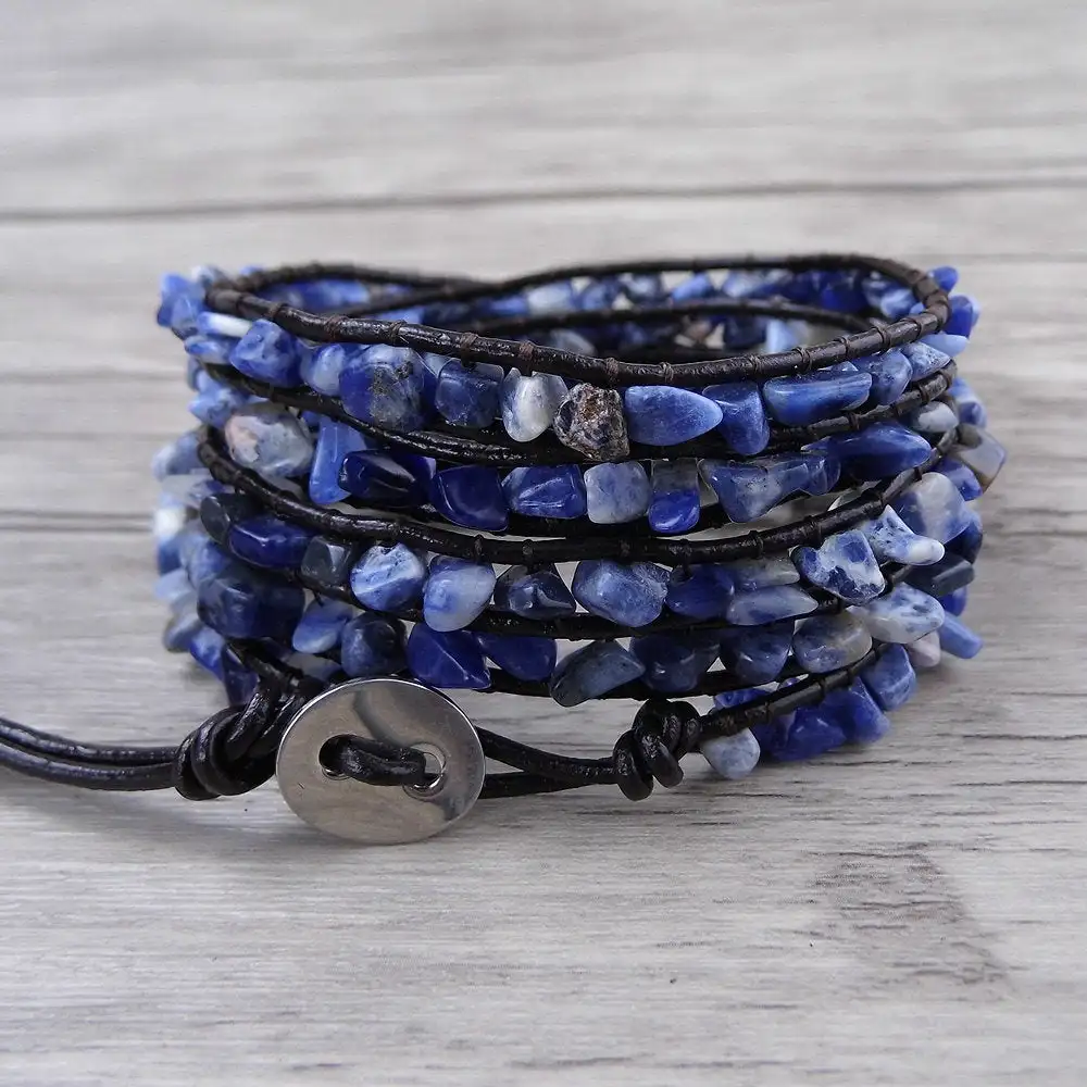 Natural Lapis Lazuli Raw Stone Gravel Bead Leather Bracelet Blue Chip Beads Wrap Stackable Bracelet Jewelry Drop shippig