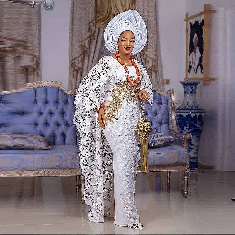 Vestidos de noche de sirena de encaje blanco con capa, manga larga, apliques de encaje dorado, talla grande Aso EBi, vestido de graduación árabe