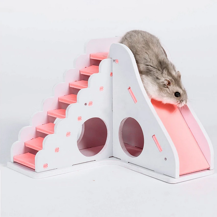 Hamster Play House and Hideout, Small Animal Wooden Assembled House with Funny Climbing Ladder & Slide for Hamster Mouse